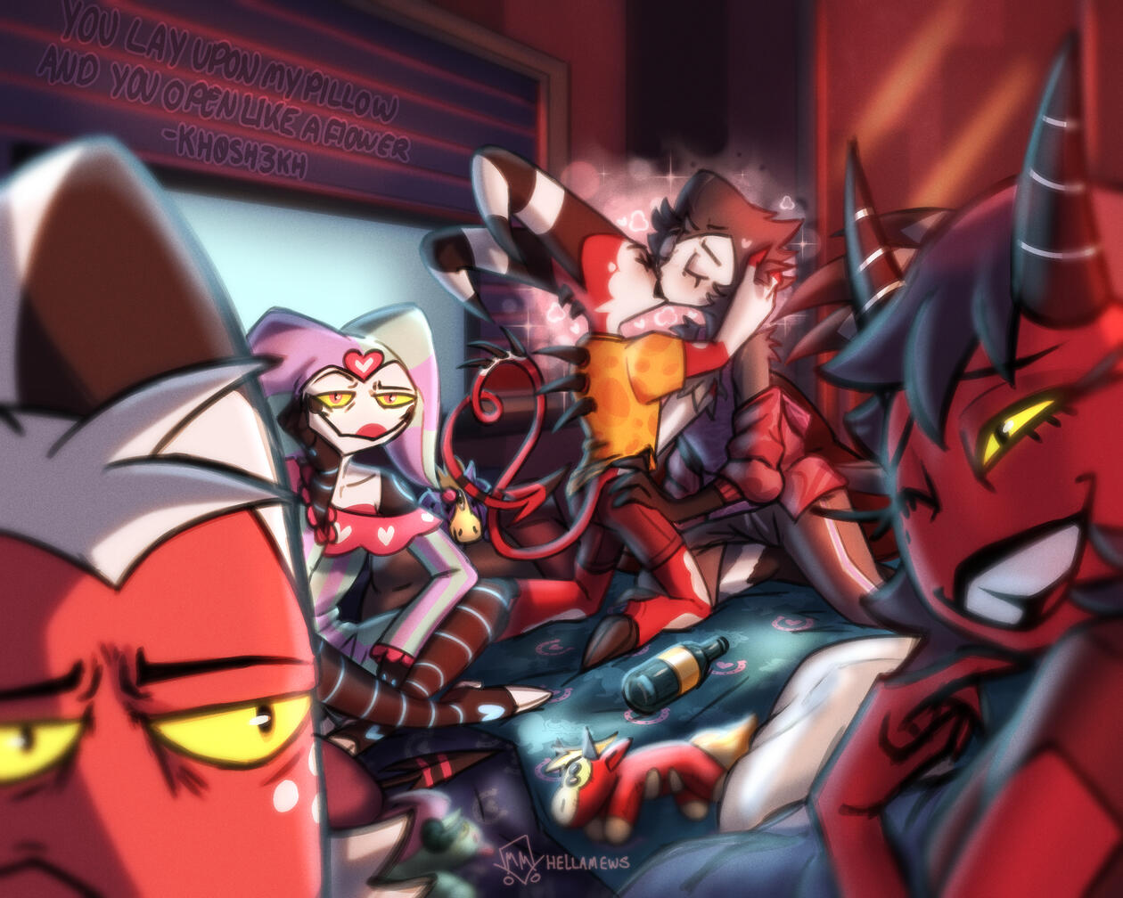 A scene from "You Lay Upon My Pillow and You Open Like a Flower" by kh0sh3kh on AO3. There's a sleepover hosted at Blitz's apartment. In attendance are Blitz, Stolas, Fizz, Moxxie, and Millie. The gang have hunkered down in the space between the couch and