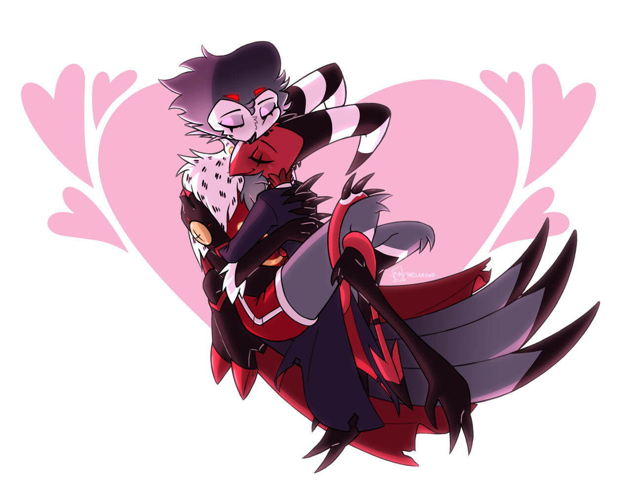 A fully redrawn version of Stolas & Blitz from the "Phone Talk" Mug from the Sharkrobot Valentine's Day 2024 merch drop. Blitz and Stolas are floating in front of one large baby pink heart, surrounded by three smaller hearts on either side of it, lit by a